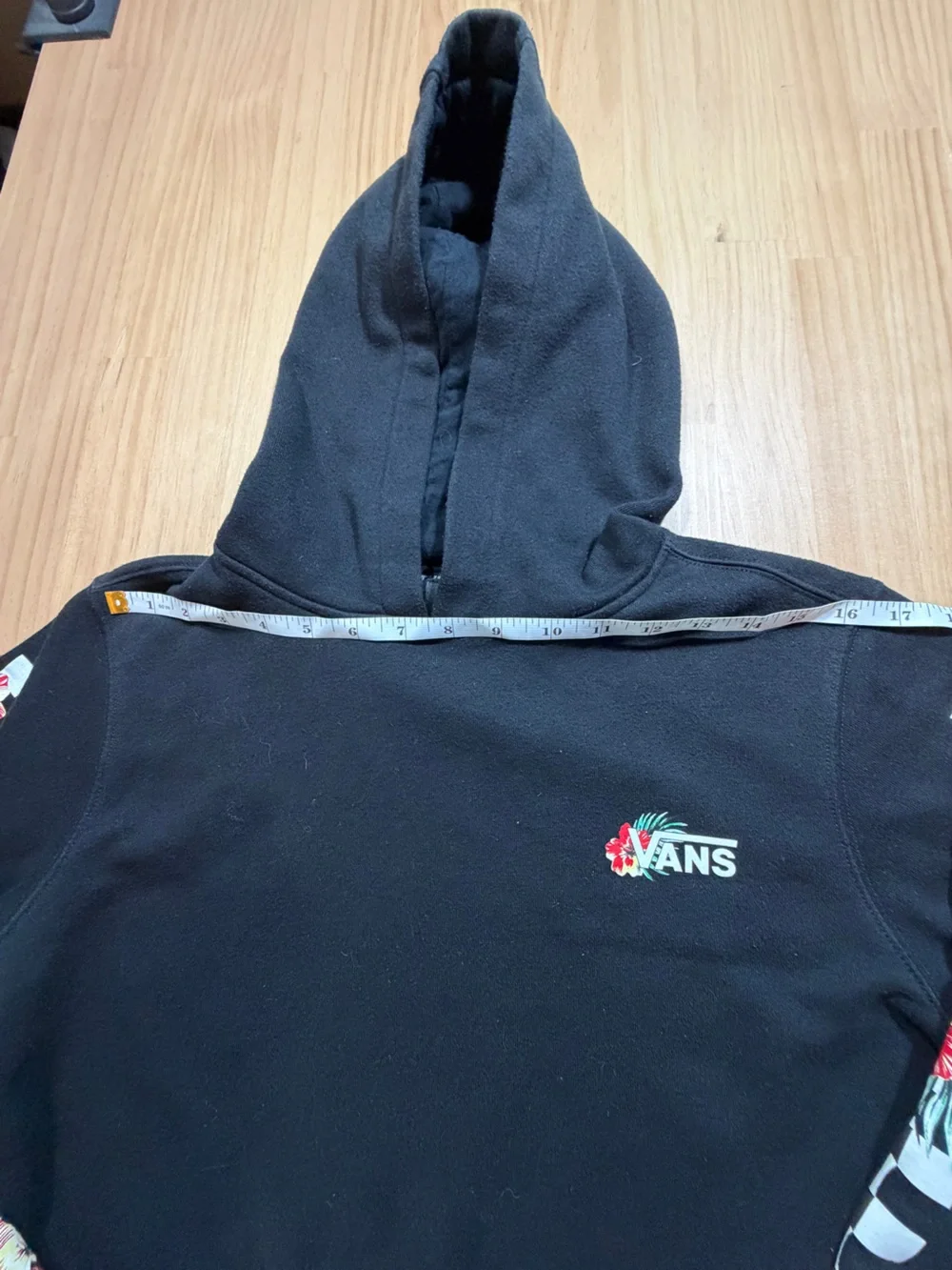 Vans Black Crewneck Hoodie with Floral Checker Sleeve Accents B7